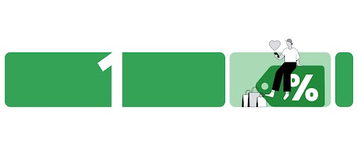 Una persona con gorra y mirando un dispositivo móvil está sentada sobre un tag de compras verde con un signo de porcentaje en blanco. Alrededor, hay bolsas de compras.