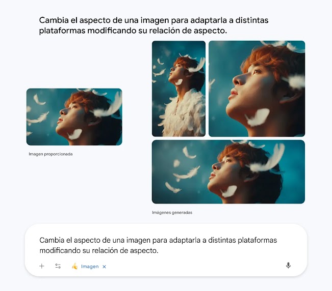 Se proporciona una imagen de una persona rodeada de plumas con el prompt "cambia la relación de aspecto" y se generan tres versiones en diferentes tamaños.