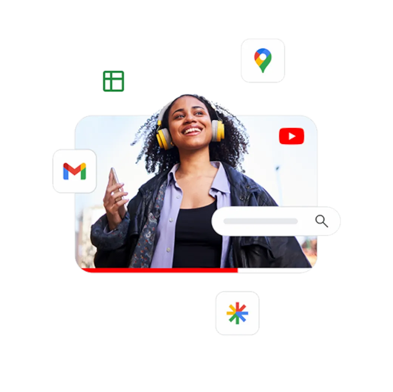 An earphone video ad surrounded by various Google product icons to represent the reach of Performance Max.
