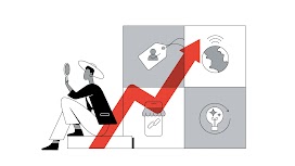 On the left, a seated woman from behind, elegantly dressed, with a hat on her head and a mirror in her hand. Alongside 4 boxes with 4 icons: a plate, a globe, a light bulb, a store. Above a red arrow indicating the growing trend.