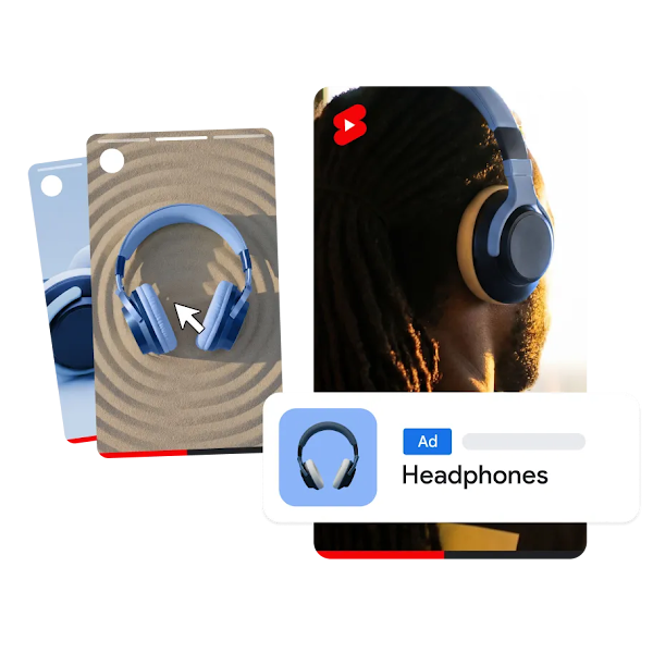 Ad mockups for 'Headphones' featuring a vertical YouTube Shorts video of a man wearing them and lifestyle photos of the product on sand.