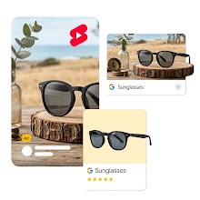 A collection of ad formats displaying a pair sunglasses with Google logos and ratings.