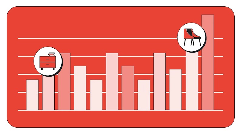 A bar chart illustration on a red background featuring vertical bars in shades of pink and coral. Two circular icons float above the bars: one on the left containing a red nightstand with books, and one on the right featuring a modern red and black armchair. 
