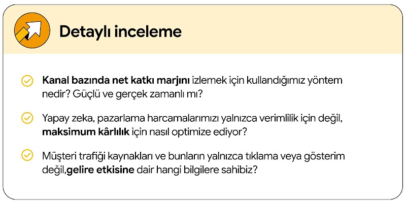 Detaylı inceleme kontrol listesi 3: Kanal bazında net katkı modelini nasıl izliyoruz? Yapay zeka harcamalarımızı kârlılık için nasıl optimize ediyor? Müşteri trafiği kaynakları ve gelirle ilişkileri hakkında ne gibi bilgilerimiz var?