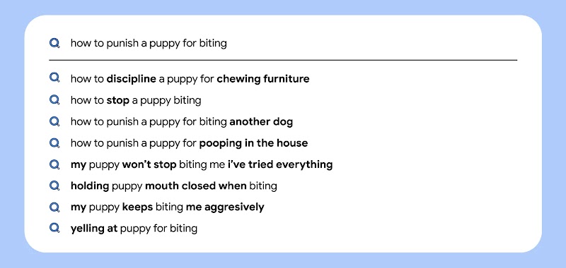 A search bar with suggested queries related to puppy behavior. Suggestions include "how to punish a puppy for biting," "how to discipline a puppy for chewing furniture," and other concerns about biting, pooping inside, and aggressive behavior.