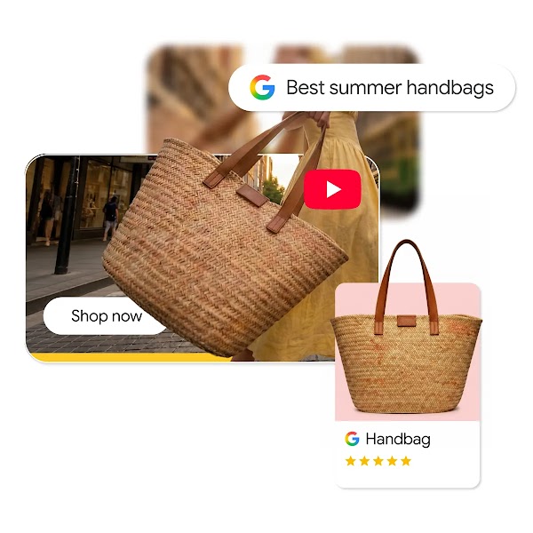 A woven summer tote bag featured alongside a Google Search bar query for best summer handbags, a video ad preview, and a product listing badge.