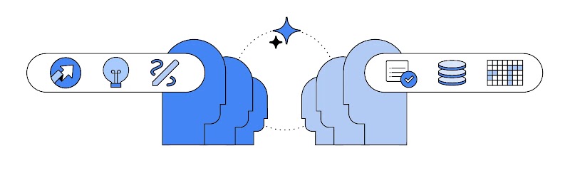 Illustration montrant deux groupes de profils stylisés se faisant face, reliés par des étincelles au centre. Le groupe de gauche est surmonté d'icônes évoquant la stratégie et la créativité (flèche de croissance, ampoule, pourcentage). Le groupe de droite est accompagné d'icônes liées à la gestion et aux données (liste de tâches, base de données, tableur).