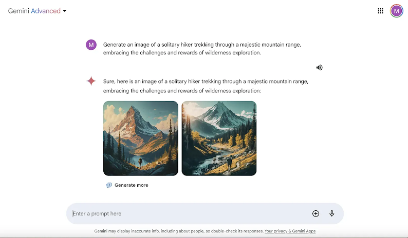 Gemini Advanced で "Generate an image of a solitary hiker trekking a majestic mountain range, embracing the challenge and rewards of wilderness exploration." とプロンプトを打つと、複数の画像が生成される。