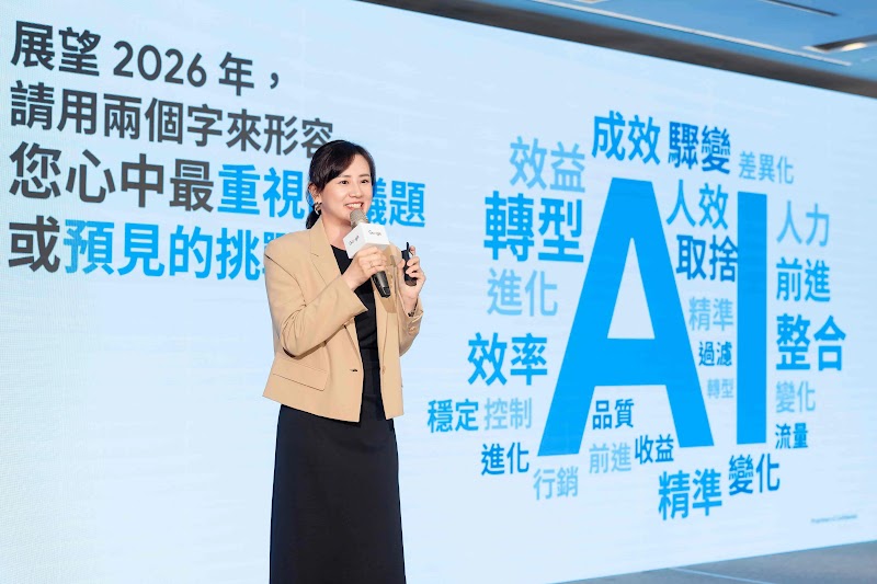 Google 台灣資深業務總監 Violet Kuo 於舞台上發表演講。講者穿著淺駝色西裝搭配深色長褲，手持麥克風。背景大螢幕展示「展望 2026 年，請用兩個字來形容你心中最重視的議題或預見的挑戰」主題文字，以及右側超大藍色「AI」字樣，周圍分布多個相關關鍵字：「成效」「轉變」「驅別」「人效」「取捨」「精準」「轉型」「進化」「品質」「提升」「進度」「精準變化」等詞彙，強調 AI 在行銷轉型中的核心地位。Kuo 鼓勵代理商採取「沒有標準答案」的 AI 轉型思維，擁抱靈活的數位轉型策略。