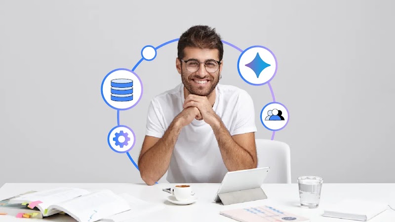 Un hombre con anteojos sonríe en el centro de la imagen, con playera blanca, frente a una mesa de trabajo. A su alrededor, varios iconos como el logo de Gemini, un grupo de personas, una pila, un engranaje y un círculo en colores azul y violeta.