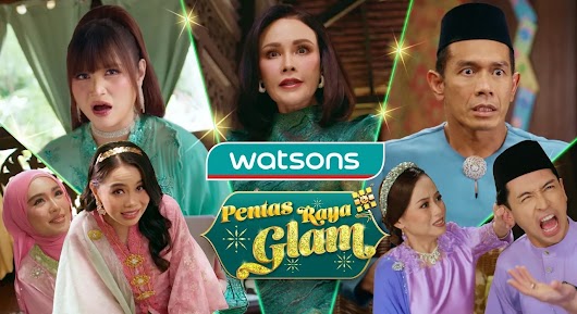 A Watsons "Pentas Raya Glam" video thumbnail featuring a cast of six people in colorful traditional Malay clothing displaying exaggerated, comedic expressions.
