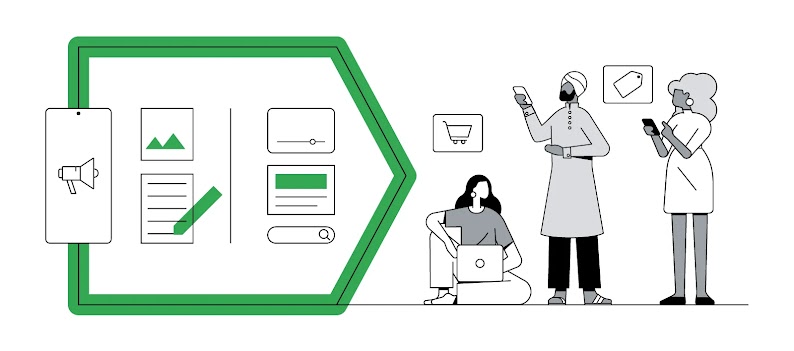 Drei Personen sitzen und stehen neben einem Pfeil. In dem Pfeil sind abstrahierte Symbole für Bilder und Texte und die Einstellungen von Performance Max Kampagnen zu sehen. Die Personen neben dem Pfeil bedienen ihre Handys und einen Laptop, um damit im In