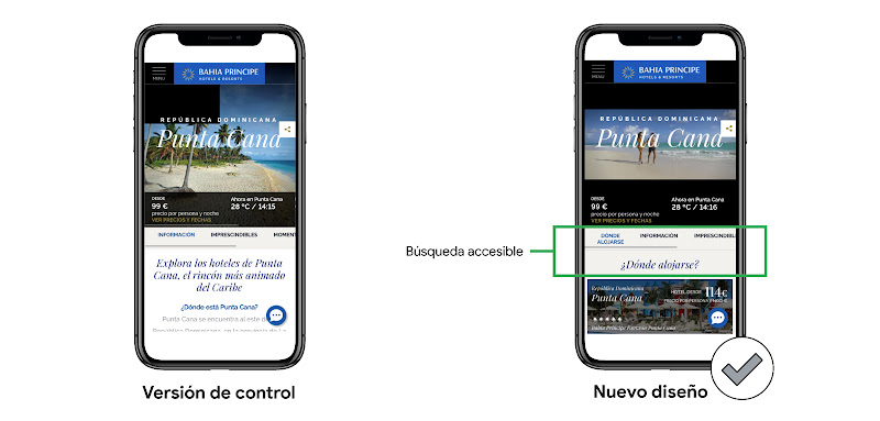 Dos smartphones, el de la izquierda es la versión de control con la versión antigua de la app, a la derecha el nuevo diseño con un check y la búsqueda de hotel en un lugar más accesible