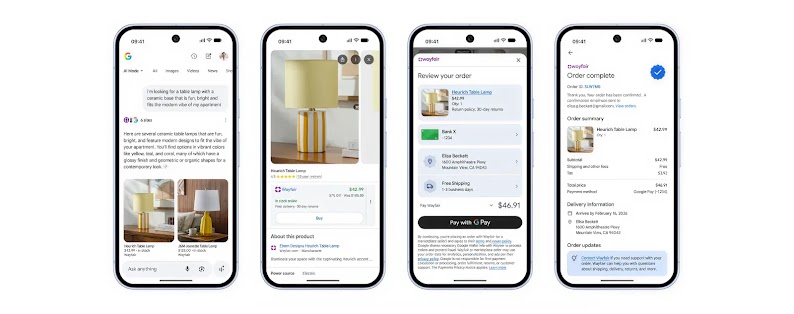4 schermi di smartphone che mostrano il flusso in AI Mode. Un utente effettua una query in AI Mode; viene visualizzato un elenco di prodotti con un pulsante di acquisto; l'utente può rivedere il suo ordine e infine vedere che l'ordine è completo.