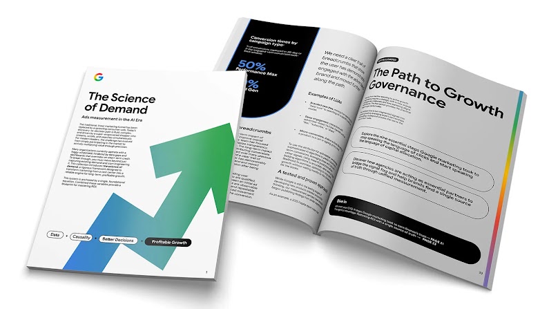 Dos copias físicas de The Science of Demand AI measurement playbook, una cerrada y otra abierta por una página titulada "The Path to Growth Governance" (El camino hacia la gobernanza del crecimiento).