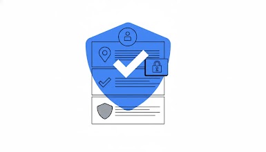 A graphic featuring a large, solid blue hexagonal shield layered over two horizontal line-art documents or panels. The shield has several line-art icons on and around it: a location pin, a person icon, a small checkmark, a small shield icon, and a large white checkmark. A small square with a padlock icon is shown next to the large checkmark.