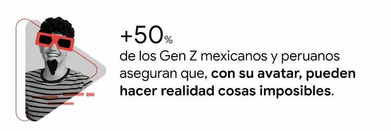 Un hombre de pelo rulo y barba falsa, con anteojos dibujados en rojo. Detrás de él la sombra de un triángulo con borde rojo. A la derecha la leyenda 50% de los Gen Z mexicanos y peruanos aseguran que, con su avatar, pueden hacer realidad cosas imposibles.