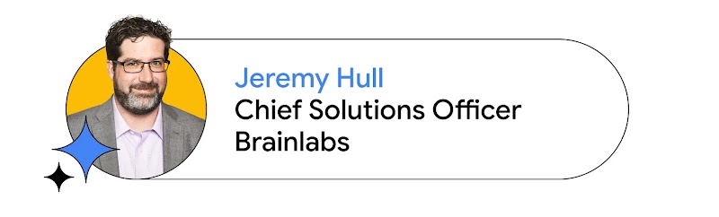 Jeremy Hull, Chief Solutions Officer bei Brainlabs, ist in einem gelben Kreis zu sehen. Er trägt eine Brille, eine graue Jacke und ein Hemd. Hull hat dunkelbraunes Haar und einen ergrauenden Bart. Unten links ist ein blaues Funkelsymbol.