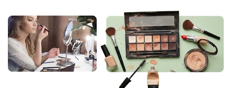 Deux images sont disposées l’une à côté de l’autre. La première montre une femme se maquillant les yeux derrière son mirroir. L’autre divers produits de maquillage comme du rouge à lèvres, du fond de teint ou encore du mascara.