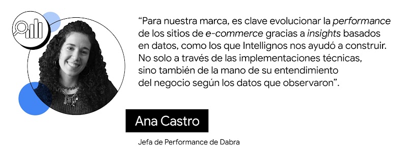Foto de Ana Castro,  jefa de Performance de Dabra, y dice: “Para nuestra marca, es clave evolucionar la performance de los sitios de e-commerce gracias a insights basados en datos, como los que Intellignos nos ayudó a construir”.