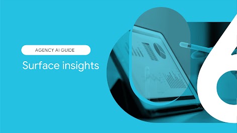 Agency AI guide. Chapter 6: Surface insights. A tablet screen displays bar charts, a line graph, and a pie chart. A hand holding a stylus pen gestures toward the screen.