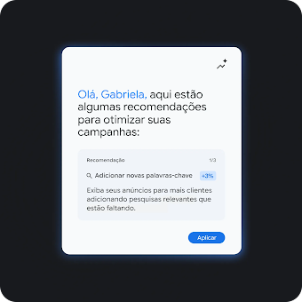 Pop-up na interface do usuário com o título "Ask Advisor" e um assistente de conversa com IA sugerindo adicionar as palavras-chave de correspondência ampla "Ideias de presentes de fim de ano" e "Melhores ofertas da estação" para aprimorar uma campanha da Black Friday. Na parte de baixo, há um botão azul "Aplicar".

Esta imagem mostra um modelo digital de uma conversa com o Ask Advisor no Google Ads.

Título do cabeçalho: "Ask Advisor"

A consulta: Um balão de diálogo cinza-claro no lado direito contém a pergunta de um usuário: "Como posso aprimorar minha campanha da Black Friday?"

A resposta: Abaixo da pergunta do usuário, um texto simples mostra a recomendação do Ask Advisor: "Com base no seu tráfego recente, adicionar palavras-chave de correspondência ampla vai ajudar você a alcançar mais compradores de fim de ano. Confira abaixo alguns termos relevantes:"

Elementos úteis: Na parte de baixo, há dois ícones selecionáveis em cinza-claro com as palavras-chave sugeridas: "Ideias de presentes de fim de ano" e "Melhores ofertas da estação". Abaixo desses ícones, há um botão azul grande com o texto "Aplicar".