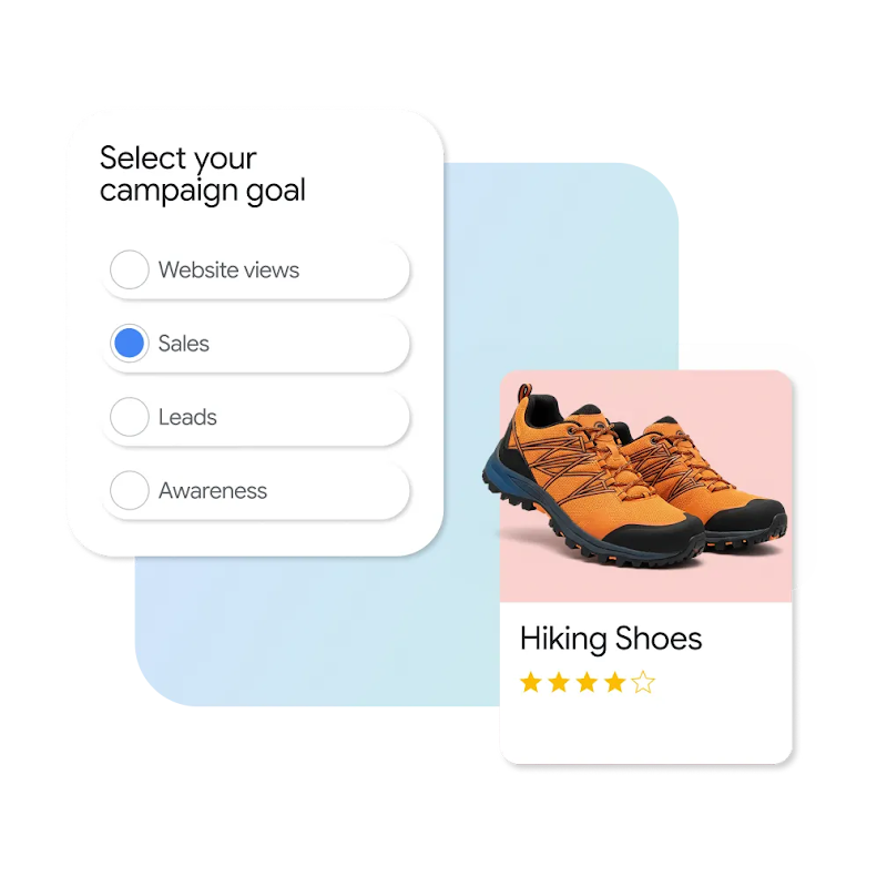 A digital graphic illustrating campaign goal selection. On the left, a "Select your campaign goal" menu shows "Sales" selected with a blue radio button among other options like "Website views," "Leads," and "Awareness." To the right, a product card features a pair of orange hiking shoes with a 4-star rating and the text "Hiking Shoes.”