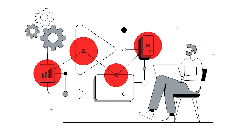 Um homem branco de barba está sentado, com um computador no colo. Da tela, saem ícones interligados, que representam o que ele está fazendo: uma planilha de dados, player do YouTube e um celular.