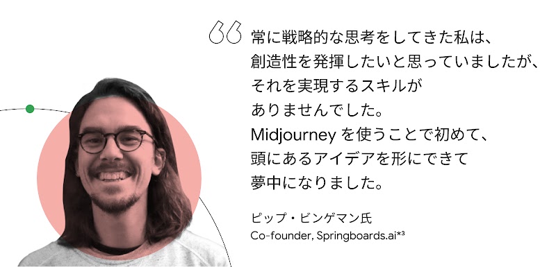 常に戦略的な思考をしてきた私は、創造性を発揮したいと思っていましたが、それを実現するスキルがありませんでした。Midjourney を使うことで初めて、頭にあるアイデアを形にできて夢中になりました。ピップ・ビンゲマン氏（Co-founder, Springboards.ai）