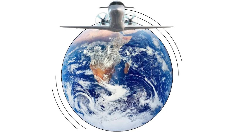 La imagen muestra una foto del mundo con un avión grande, futurista y generado por IA volando por encima.