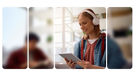 Collage di 4 pannelli verticali. Solo il terzo è a fuoco: una ragazza con cuffie e tablet sorride. Le altre sezioni mostrano sagome umane sfocate e indistinte.