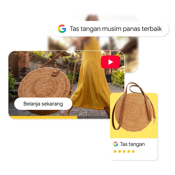 Kolase promo tas tangan yang menampilkan hasil pencarian Google "Tas tangan musim panas terbaik", cuplikan video YouTube gaya busana, dan kartu produk iklan Shopping untuk tas rotan bulat.