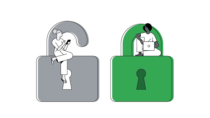 To the left, a woman sits on top of a large, grey, unlocked padlock holding a phone. To the right, a woman sits on top of a large, green, locked padlock works on a laptop.