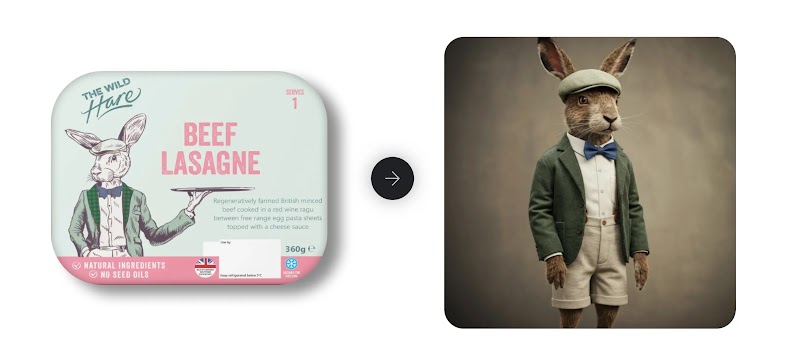 Two images. On the left, packaging for The Wild Hare’s beef lasagne with Hector the Hare holding a tray. On the right, the original illustration of Hector the Hare in a cloth cap, a dark green jacket, a blue bowtie, a white shirt, and beige shorts.