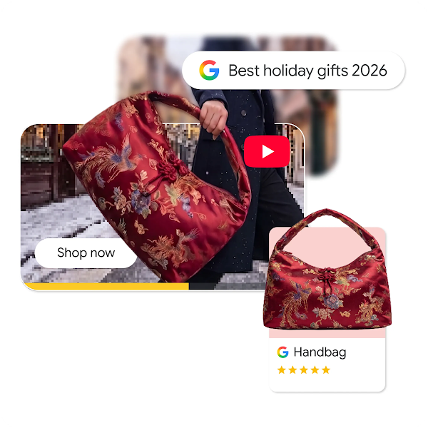 A digital collage illustrating a holiday shopping journey for a red embroidered handbag, featuring a Google search bar for "Best holiday gifts 2026", a YouTube video snippet with a "Shop now" button, and a 5-star Google Shopping product card.