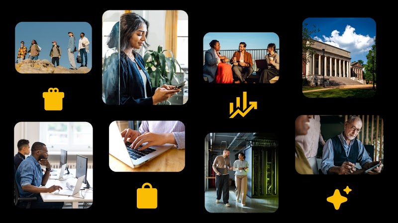 Iconos de regalo, compras, crecimiento e IA entremezclados con un surtido de fotos que muestran a profesionales del marketing trabajando en entornos corporativos y a pequeños grupos de personas reunidas al aire libre.