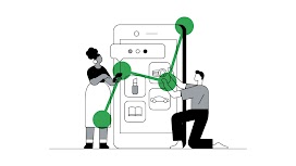 A woman using her mobile while a man places an app on her screen, representing how brands can build customer relationships and brand loyalty through mobile app marketing and engagement.