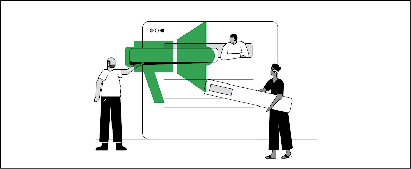 Desenho de três pessoas desenvolvendo um site de marketing juntas: um homem branco, calvo e com barba preta, uma mulher negra de cabelo preto curto cacheado preso em um coque e uma pessoa com tom de pele médio e cabelo curto preto.