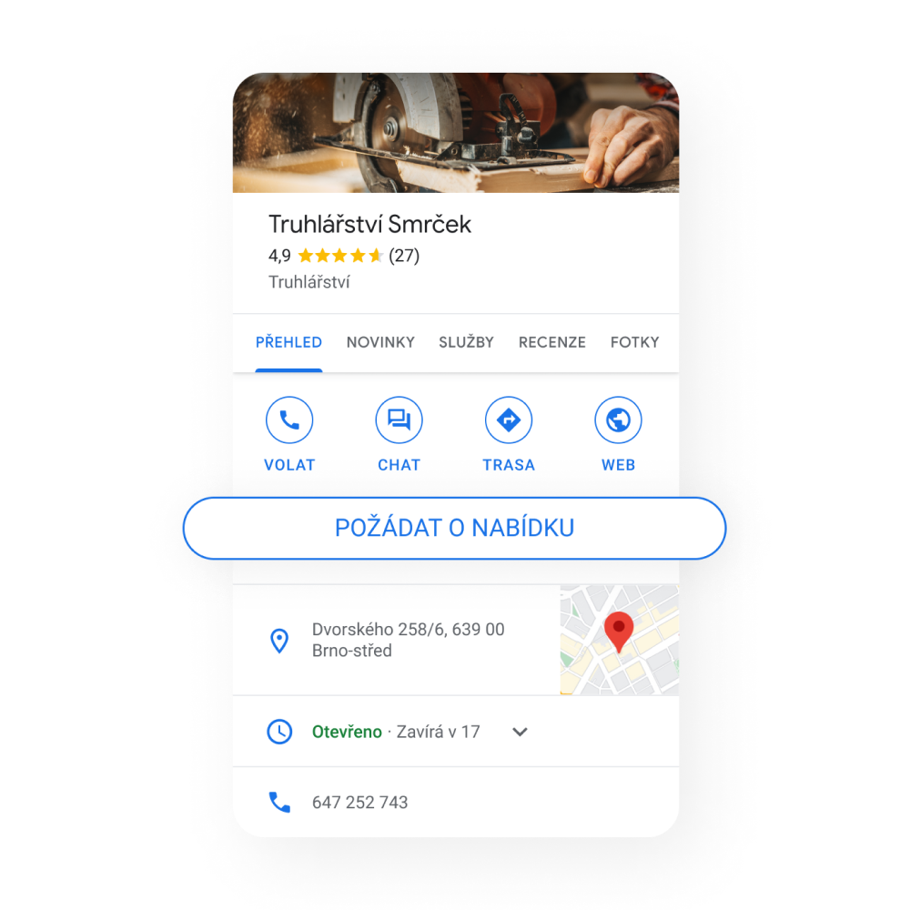 Obrázek profilu firmy poskytující služby s tlačítkem Požádat o cenovou nabídku