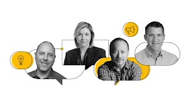 Las fotos de cuatro ejecutivos de Google aparecen en globos de diálogo ilustrados en blanco y amarillo. En la foto, de izquierda a derecha: Joshua Spanier, Marie Gulin-Merle, Robert Wong y Dan Taylor.