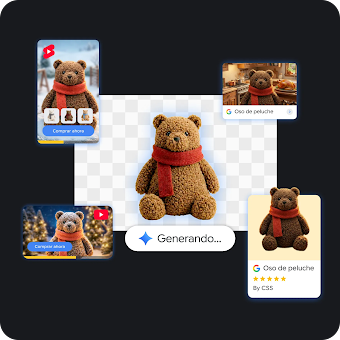 Un collage digital que muestra la generación de recursos mediante IA, con un oso de peluche marrón central con una bufanda roja sobre un mensaje de "Generando...", rodeado por cuatro anuncios digitales diferentes y maquetas de compras con el mismo oso en varios entornos estacionales.