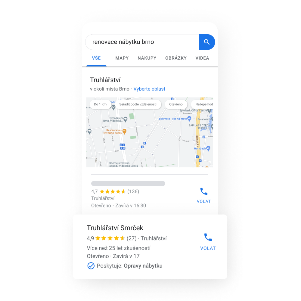 Obrázek profilu firmy poskytující služby ve Vyhledávání Google s mapkou, informacemi o firmě, hodnocením hvězdičkami a dobou fungování na trhu