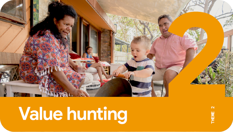 Theme 2: Value hunting. A family looks on in awe and encouragement as a toddler picks up a wok.