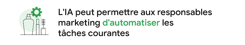 Illustration représentant des accessoires de maquillage avec une roue dentée, accompagnée du titre : "L'IA peut permettre aux responsables marketing d'automatiser les tâches courantes".