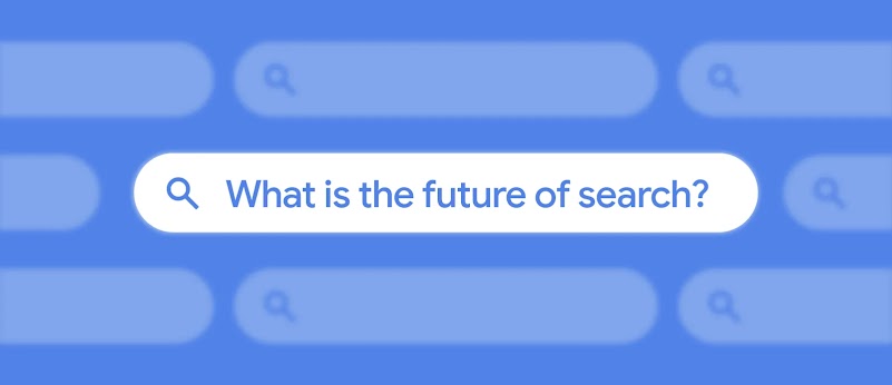 A prominent white search bar containing a magnifying glass icon and the text "What is the future of search?" centered on a blue background filled with faint, blurred search bar icons.