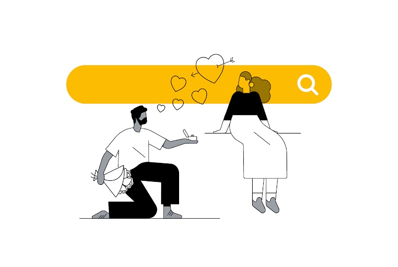 Um rapaz de pele, cabelo e barba escura se apoia em um joelho, segura um buquê de flores com uma mão e uma caixinha de joias com a outra. Uma moça de pele clara e cabelo comprido está sentada olhando para ele. Corações estão entre os dois com uma barra de