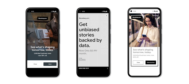 Des appareils placés côte à côte illustrent les améliorations apportées aux annonces display responsives dans deux versions de la même annonce pour Bloomberg.com. Sur la gauche, l'annonce affichée sur une partie de l'écran inclut une photo et un texte pro