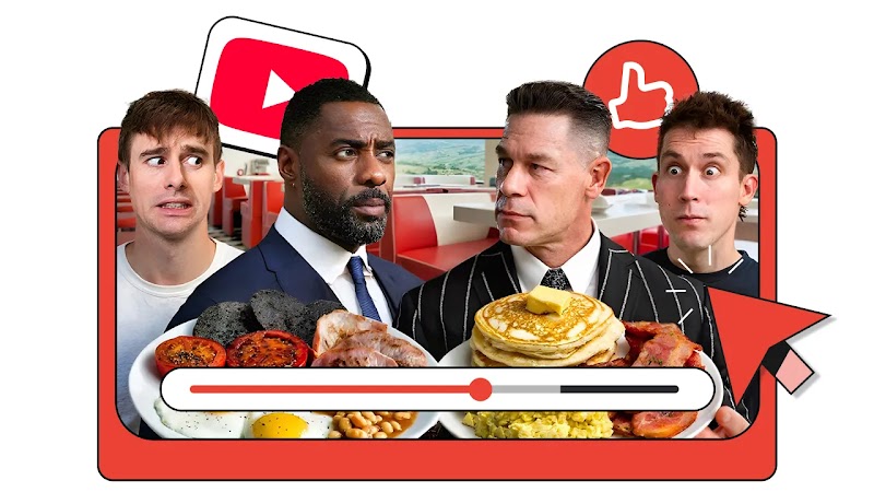 Una foto mostra i creator di YouTube Josh Carrott e Ollie Kendal con gli attori di Hollywood Sir Idris Elba e John Cena e piatti pieni di cibo. Intorno alla foto ci sono icone rosse con il logo di YouTube, una freccia e un pollice in su.
