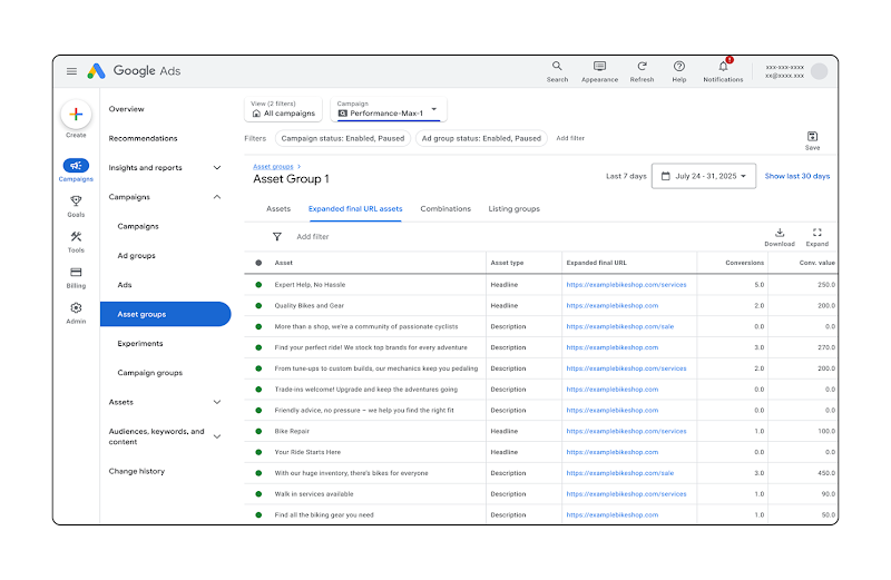 Image showing a table displaying assets served thanks to final URL expansion.