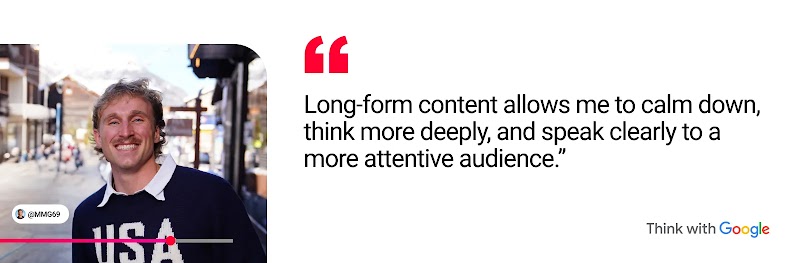 YouTube creator MMG, a man with light skin, light hair, and in a USA sweater with a white collared shirt underneath, says: Long-form content allows me to calm down, think more deeply, and speak clearly to a more attentive audience.